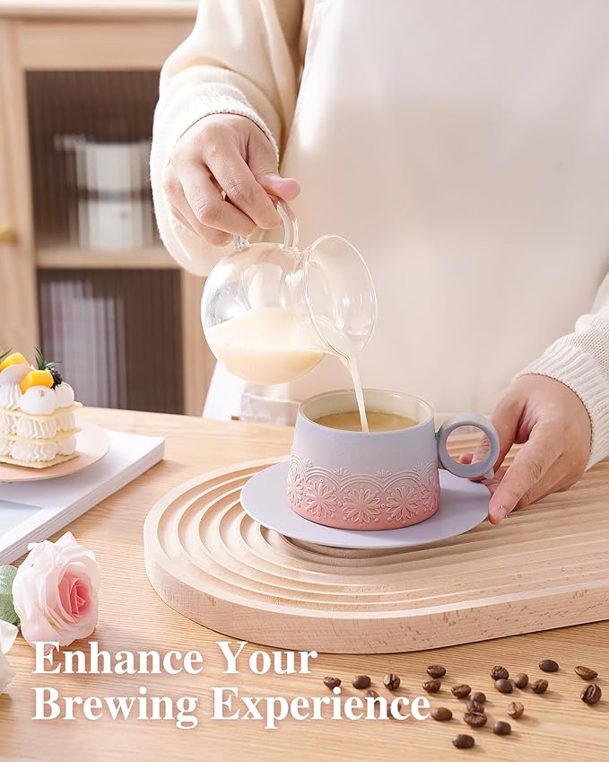 ZENS 7.3 Ounce Cappuccino Cups Set of 2, Artistic Embossed Ceramic Cappuccino Coffee Cups and Saucers, Double Espresso Cups Set of 2 for Au Lait, Matcha Latte or Tea, Women Gifts, Grey Pink