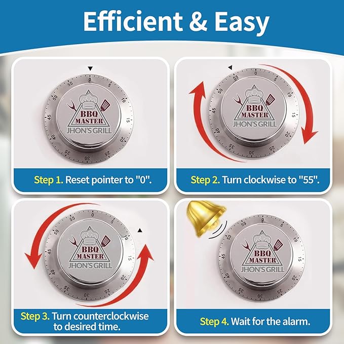 Personalized Kitchen Timer with Name, BBQ Gifts for Dad, Stainless Steel Mechanical Timer, with Magnet Back Loud Alarm, No Batteries Required