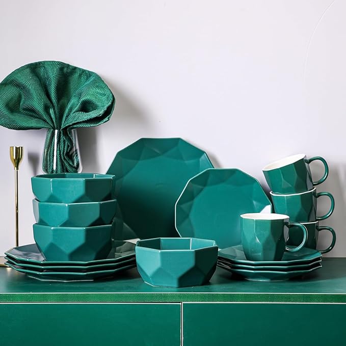 Stone + Lain Jamie Porcelain 16-Piece Geometric Dinnerware Set, Green