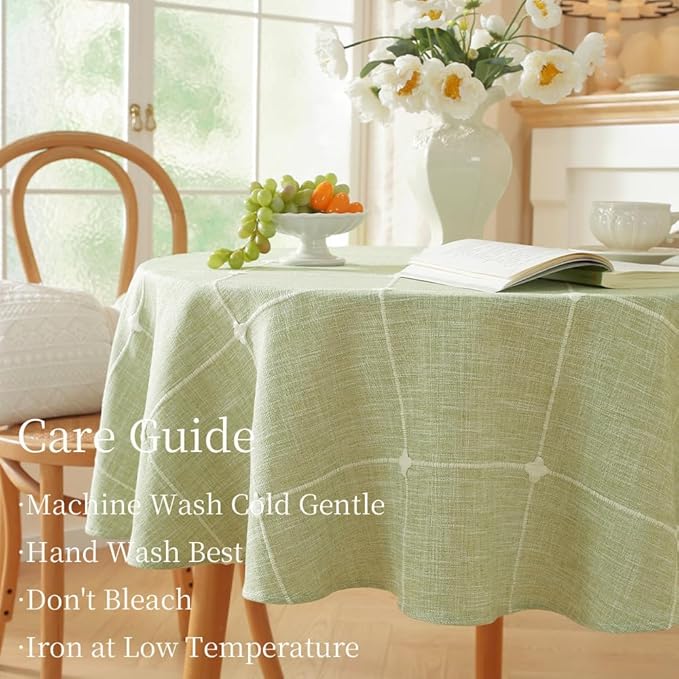 Zobesta Linen Green Table Cloth Christmas Round Tablecloth Plaid 53 inch, Washable Farmhouse Soft Boho Round Table Cloth for Outdoor, Party, Holiday, Picnic, Dining