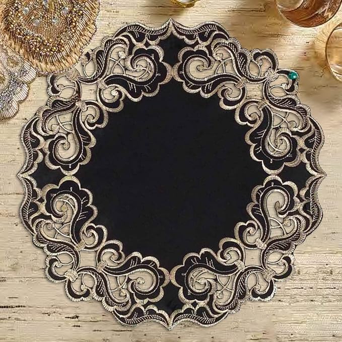 Decozen Set of 12 Doilies for Table, Lace Doilies - Rustic, Crochet, Farmhouse, Kitchen, Dining Table Centerpiece Decor - Round Christmas Placemats for Home - 15 inch Gold Black, Granada Collection