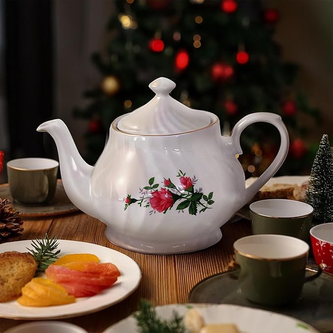 Lynns Porcelain Vintage Teapot with Embossed Swirls 37oz Tea Pot Classic White Tea Set for Parties & Celebrations Ideal Teapot for Tea Cups & Saucers Perfect for Tea Parties - Vintage Rose