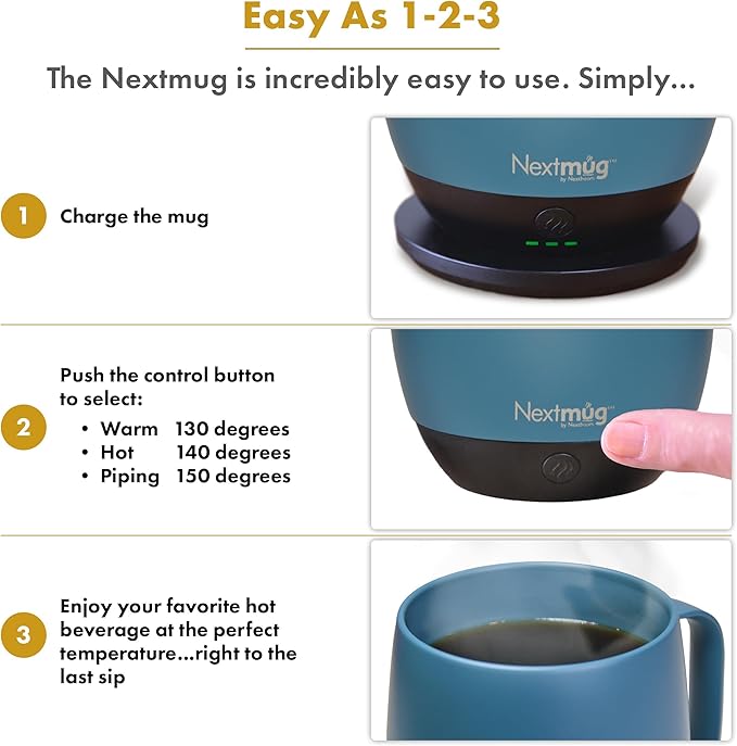 Nextmug Plus (Slate Blue - 18 oz.) Temperature-Controlled, Self-Heating Mug – No App, Long-Lasting Battery for Work & Study, Great Gift for Coffee Lovers