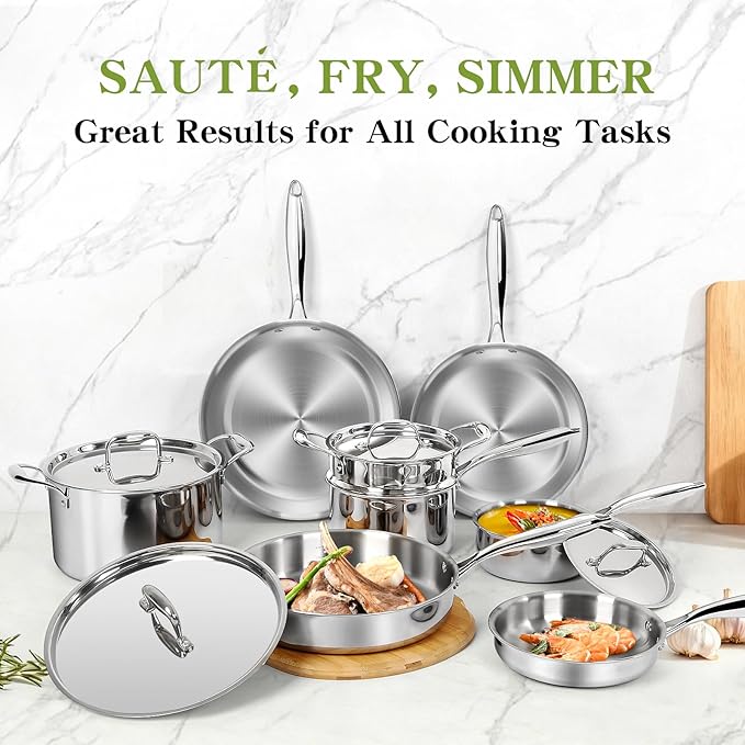 Triple Ply Stainless Steel Pots and Pans Set, EWFEN 12 Piece Induction Cookware Set, Oven Dishwasher Safe | Frying Pans, Saucepans, Saute Pan & Stock Pot, PFOA Free Kitchen Skillet