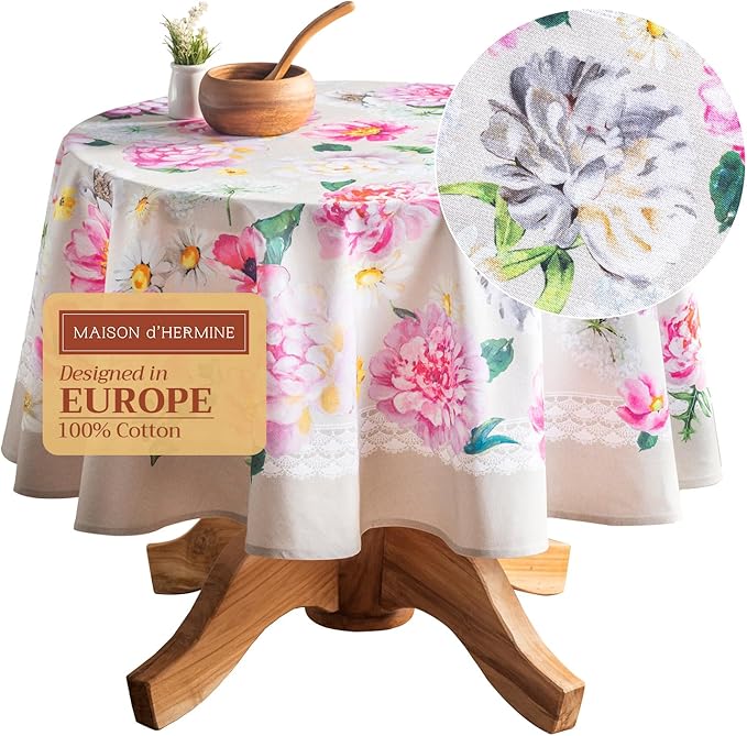 Maison d' Hermine Table Cloth Round Table 100% Cotton 69 Round Inches Tablecloth Reusable Decorative for Dining Room Farmhouse Home Valentines Day Decorations Spring Summer - Pivoine
