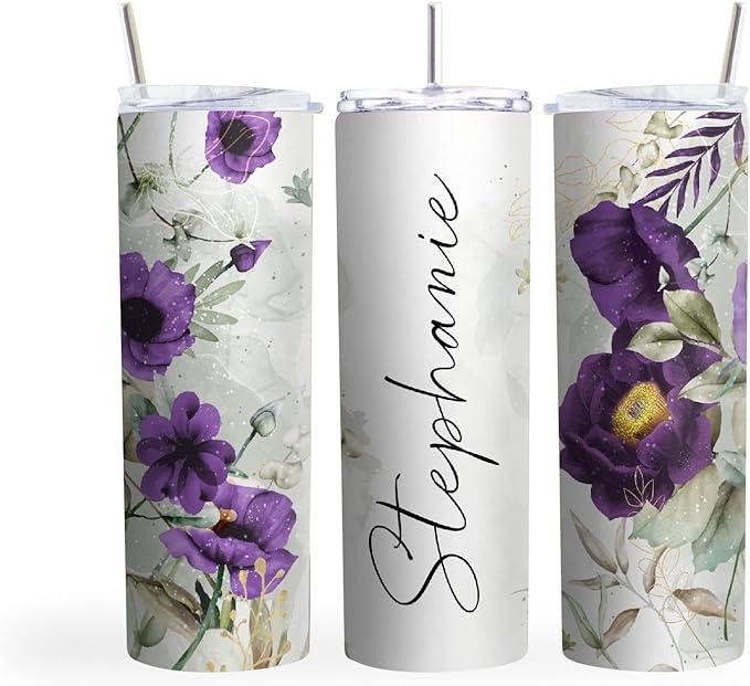 MRC Wood Products 20oz Skinny Tumbler Personalized Floral - Stainless Steel Double Wall Insulated Cup with Lid and Straw (Purple)