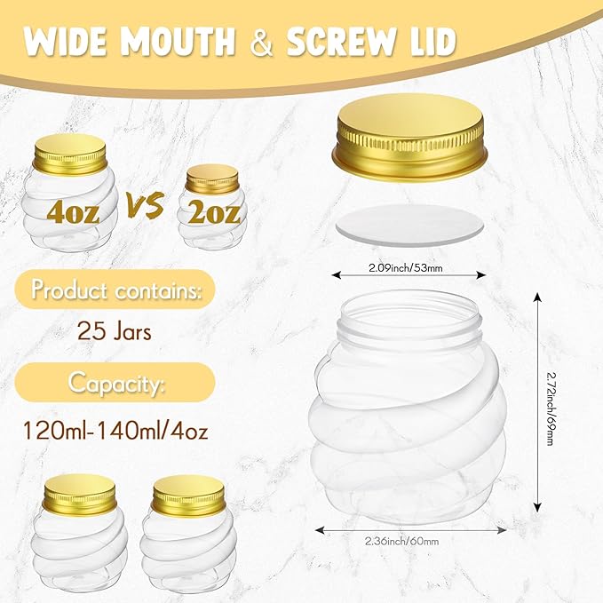 Suclain 25 Pcs 4 oz Mini Honey Jars Party Favors in Bulk Honeycomb Plastic Jars with Gold Lids Wide Mouth Canning Small Containers for Wedding Favors, Baby Shower DIY Gift Jelly Herb Jams Candy