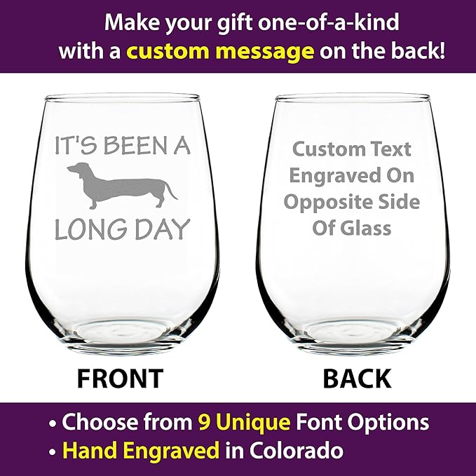 Custom It's Been A Long Day – Personalized Stemless Wine Glass - Funny Dachshund Gifts and Decor - Large 17 Ounce - Customized Wine Glass Gift
