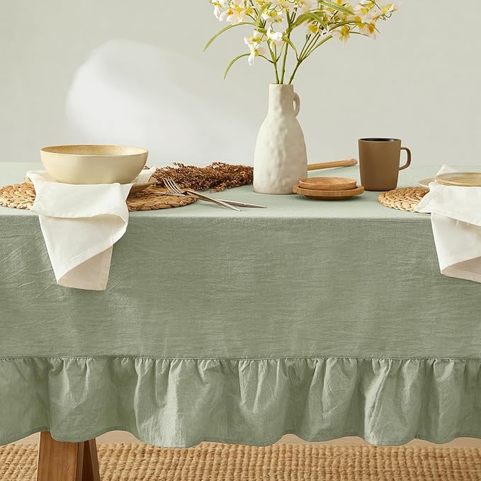 MONDAY MOOSE Ruffle Farmhouse Rustic Rectangle Natural Stonewashed Cotton Tablecloth for Kitchen, Dining Room, Restaurant (60x120 inch, Sage Green)