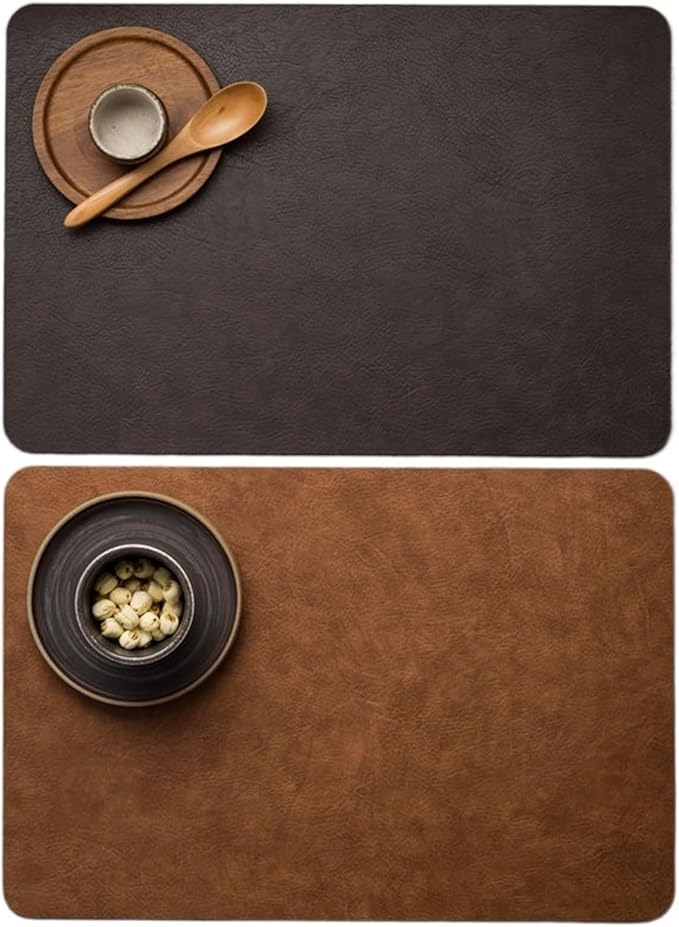 Light Luxury Solid Leather Placemat Coffee Brown PU Table Mat Waterproof Oilproof Heat-Insulated Plate Bowl Pad Table Decor(C)