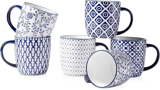 Ceramic Coffee Mugs Set - 10 OZ Large Porcelain Tea Cups with Handle for Cappuccino Latte Cocoa Milk Tea - Christmas Housewarming Gift - Microwave Dishwasher Safe - Set of 6 - Vintage Blue