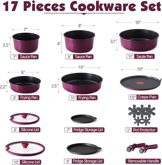 SENSARTE 17 Piece Pots and Pans Set, Nonstick Detachable Handle Cookware Set, Induction Thermo-Signal Cookware Set with Removable Handle, Healthy Non Stick for RV, Dishwasher ＆ Oven Safe (Purple)