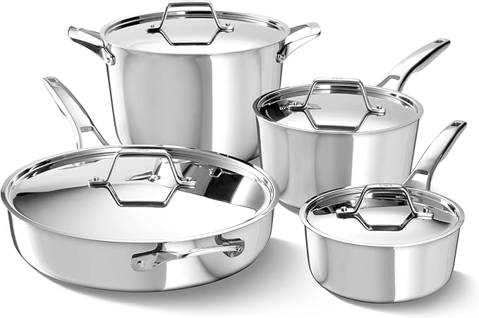Calphalon Premier Polished 5-Ply Stainless Steel Cookware Set w/Turbo Heat Tech 8 Piece Includes Frying Pans, Pots and Pans Set, Induction, Oven Safe 500F, Silver