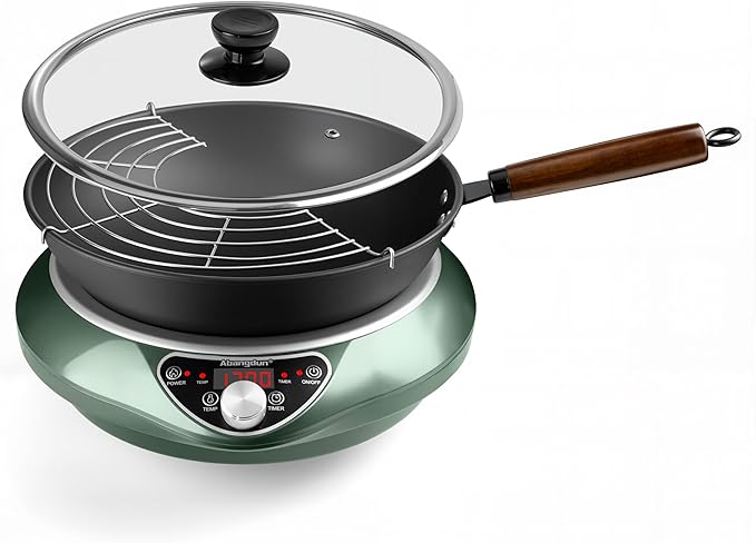 1700W 120V Wok Induction Cooktop,Non-Pulse Heating,16 Levels,18H Timer,13.4" Nitrided Carbon Steel Wok Set w/Lid&Steaming Rack,Round-Bottom Wok+ Flat Pan Compatible (<9"), Wok-Style Stir-Fry