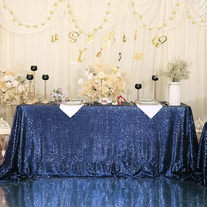 Eternal Beauty Navy Blue Tablecloth, 90x132 Inch Sequin Rectangle Table Cover for Cake Dessert Exhibition Party Birthday Events