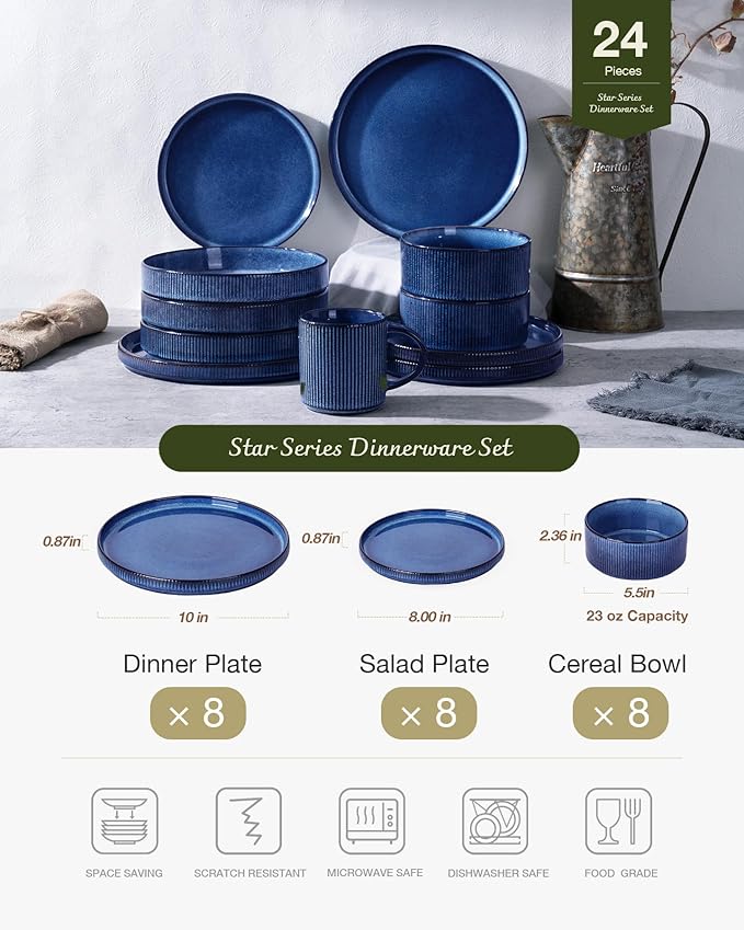 famiware Star Plates and Bowls Sets, Modern Stoneware Dinnerware Sets for 8, 24-Piece Kitchen Dish Set - Microwave and Dishwasher Safe, Chip and Scratch Resistant, Nebulas Blue