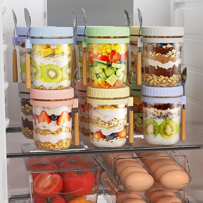 16oz Overnight Oats Containers with Lids and Spoons, 6 Pack Wide Mouth Mason Jars with Airtight Lids, Overnight Oats Jars for Salad, Chia Seed, Cereal, Yogurt