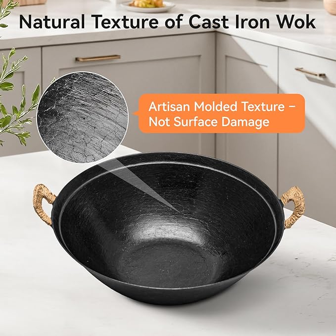 WANGYUANJI 13.4 Inch Cast Iron Wok with Wooden Lid and Stainless Steel Spatula, Flat Bottom Double-Handle Chinese Stir Fry Pan, Uncoated Cast Iron Wok for Induction, Gas and Electric Stoves
