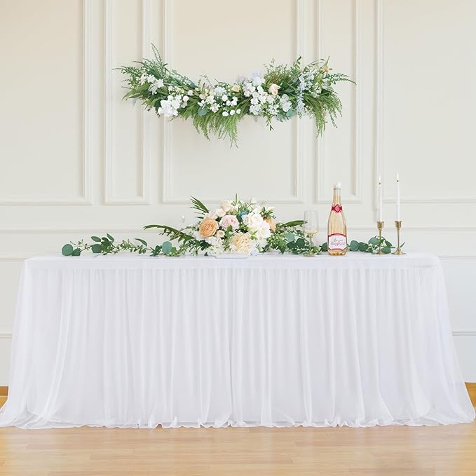 4 Pack White Tulle Tablecloths for 6 Foot Rectangular Tables, 72 x 30 Inch White Rectangle Table Cloth, Wrinkle Free Table Cover with Tutu Skirt for Wedding Birthday Party Banquet Buffet Decorations