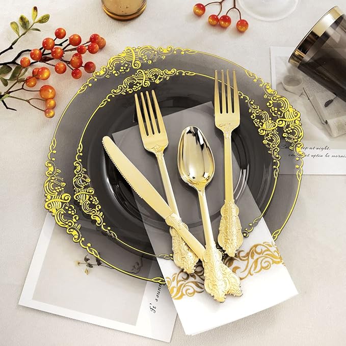 Nervure 175pcs Clear Black Plastic Plates - Gold Plastic Dinnerware Set for 25 Guests include 50 Disposable Plates,75 Gold Silverware,25 Cups,25 Napkins Perfect for Party&Independence Day