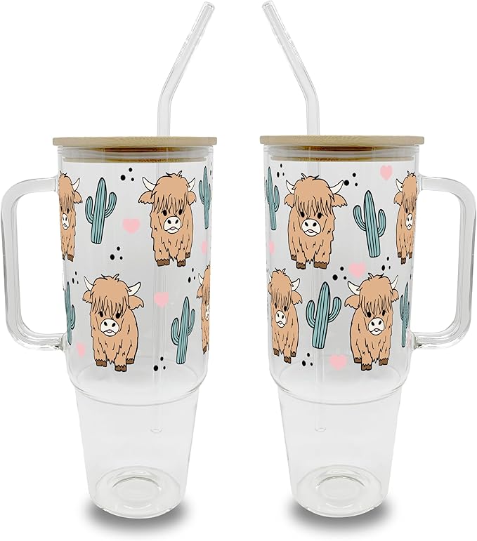 Sip-Sip Hooray! 40oz Highland Cow with Cactus Glass Tumbler with Handle, Aesthetic Glass Cup with Bamboo Lid & Straw, Large Iced Coffee Tumbler, Dishwasher Safe, Farmhouse Western Gift for Women