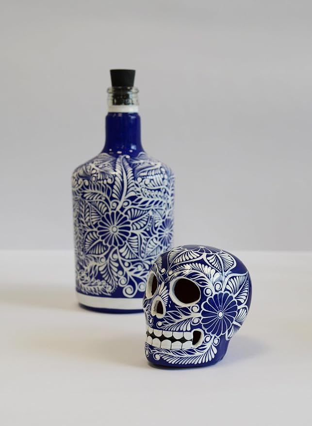 Tequila Decanter Set, Liquor Decanter with Shot Glasses and Mexican Sombrero, Hand-painted Decanter, Skull Decanter, Bar Decoration, Unique Tequila Gift, Gift For Dad (Blue Decanter Set)
