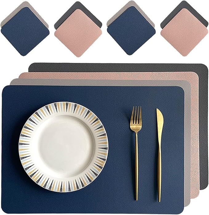 PU Place Mats Faux Leather Double Side Placemat and Coaster Set of 1/4/6 Easy to Clean Table Mat Waterproof Wipeable(DP Brown and Black,6sets)