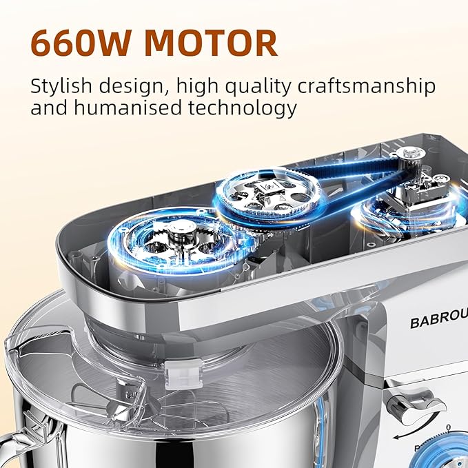 Dough Mixer 8.45 QT Electric Mixer - 660W 6 Speed Large Capacity Kitchen Stand Mixer with Whisk Dough Hook Mixing Beater Household Food Mixer for Baking Cakes Cookie Bread Salad(Silver)