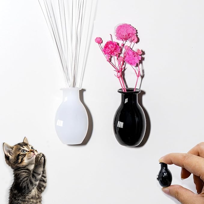 Nuvretk 2PCS Mini Glass Cat Whisker Vase - Fridge Magnet Cat Whisker Holder with Strong Adhesive, Clear Miniature Vases for Keepsake or Décor（Black and White）