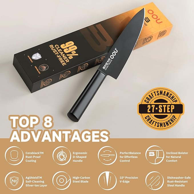 OOU® Black Blade 8 Inch Chef Knife with AgShield™ & Cerablack™ Technology, Rust-Resistant & Easy-Clean Finish, High Carbon Stainless Steel for Meat & Vegetables