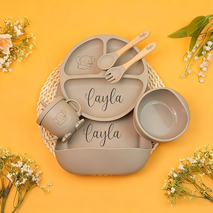 Silicone Feeding Set with Engraved Name for Baby-Led Weaning - Personalized Suction Plate, Bib, Utensils Eco-Friendly, BPA-Free Toddler Essentials - Newborn Shower Gift (6pc set)