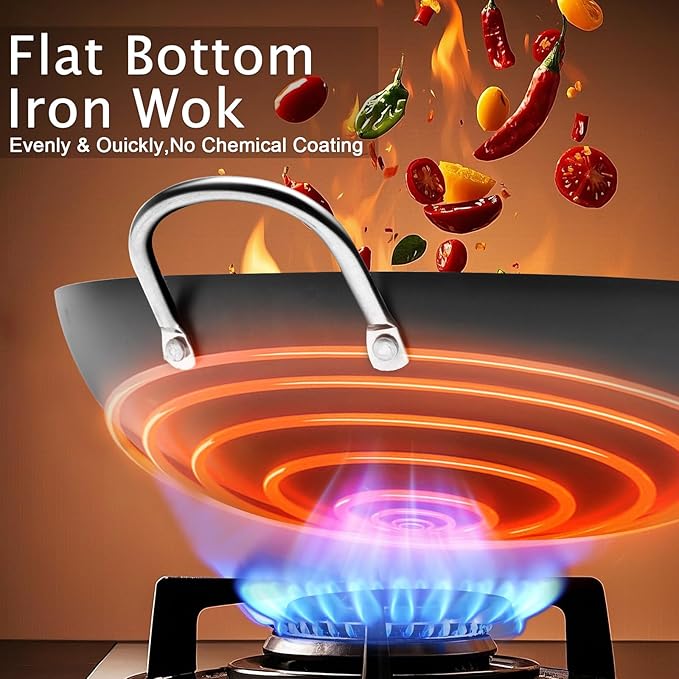 WANGYUANJI Carbon Steel Wok 14.2", Large Nitriding Flat Bottom Stir Fry Pan with Lid, No Chemical Coating Rust Resistant Iron Skillet for Induction Electric Gas Stoves, Big Capacity Serves 6+