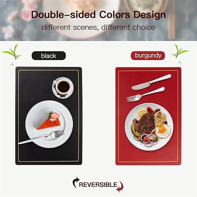 Double-Sided Color Black Red Placemats Set of 1/4/6 Gold Edge PU Leather Place Mats Indoor & Outdoor for Patio Table(SG Green Grey,1set)