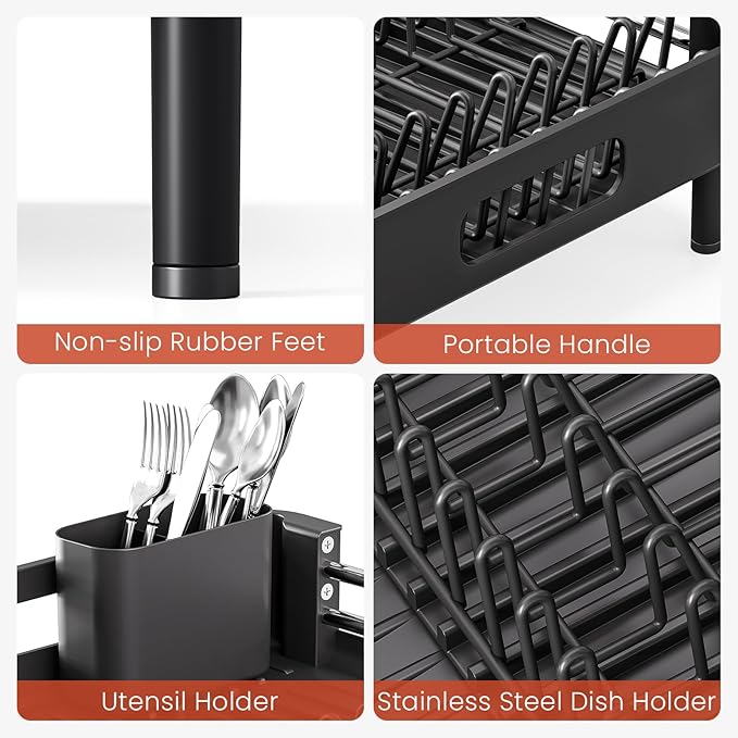 TOOLF Dish Drying Rack with Drainboard, Extendable Dish Rack for Kitchen Counter, Expandable Dish Drainer, Dish Strainer, Foldable Home Countertop Plate Storage Rack with Cutlery Holder, Black