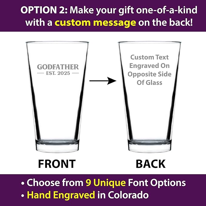 Custom Godfather Est 20XX - New Godfather Pint Glass Proposal Gift for First Time Godparents - Personalized Bold 16 Oz Glasses