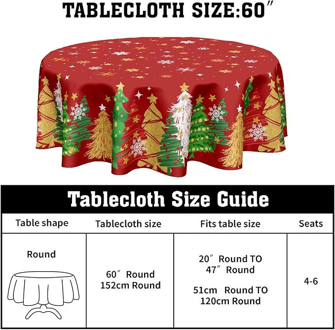 Christmas Tablecloth Round 60 Inch Xmas Theme Red and Gold Trees Snowflake Decorative Table Cloth Winter Holiday Table Cover for Kitchen Dinner Home Decor