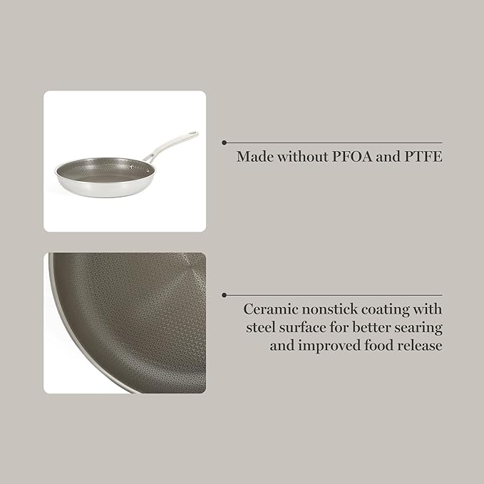 Martha Stewart Badgley Hybrid Nonstick 9.5 Inch TriPly Stainless Steel Fry Pan & Stay Cool Handle - Laser Etched Non-Toxic Perfect Sear Nonstick Skillet - Dishwasher and Induction Safe