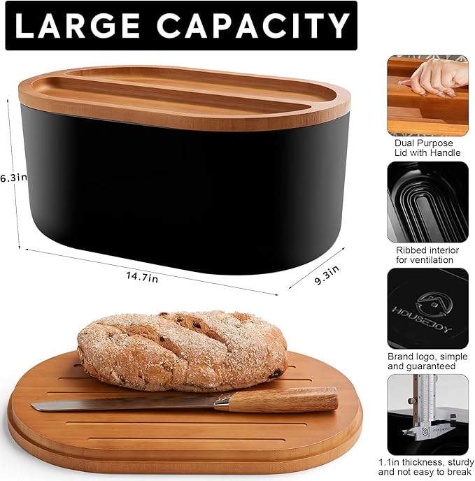 HouseJoy Large Bread Box for Kitchen Countertop,Fiber Bread Box With Thick Cutting Board Lid-Includes,Black Bread Storage for Homemade Container,Corner Bread Holder for Toast Bagel Donut Cookies