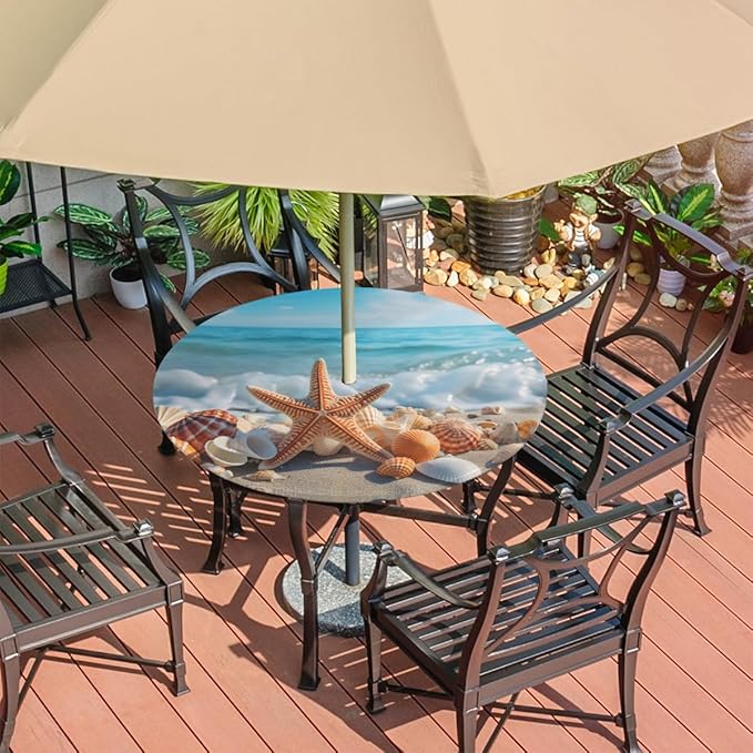 Outdoor Round Tablecloth with Umbrella Hole, Shell Starfish Fitted Table Cloth with Elastic 45"-56" Waterproof Oil-Proof Circle Patio Table Cover for Picnic Camping Party