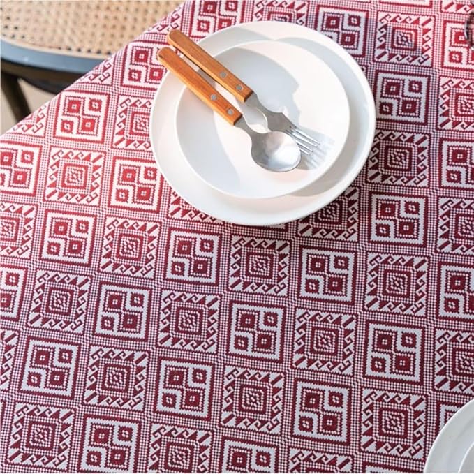 Rectangular Tablecloth Jacquard Festive Tablecloth Red Thick Tablecloth Diamond Geometry Suitable for Restaurant Camping(90 * 90cm)