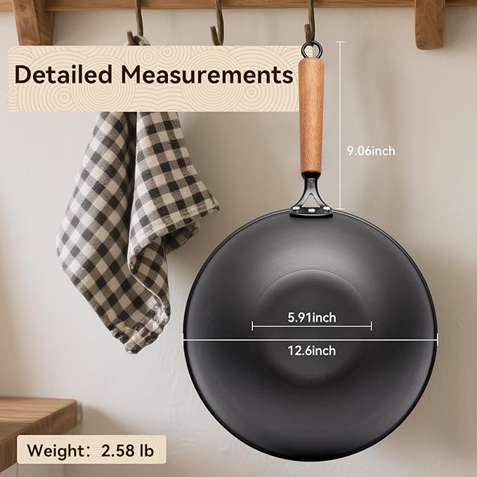 12.6" Carbon Steel Wok, Spun Iron Stir Fry Wok with Wooden Handle, Flat Bottom Wok Pan with Reinforced Rim, Lightweight Woks & Stir-Fry Pans for Everyday Cooking