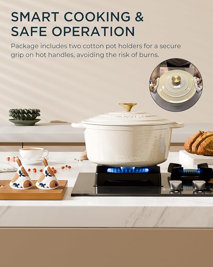 Enameled Cast Iron Dutch Oven - 6QT Pot with Lid & Cotton Potholders - Heavy-Duty Cookware for Braising, Stews, Roasting, Bread Baking, Oven Safe up to 500° F & Across All Cooktops, Cream White