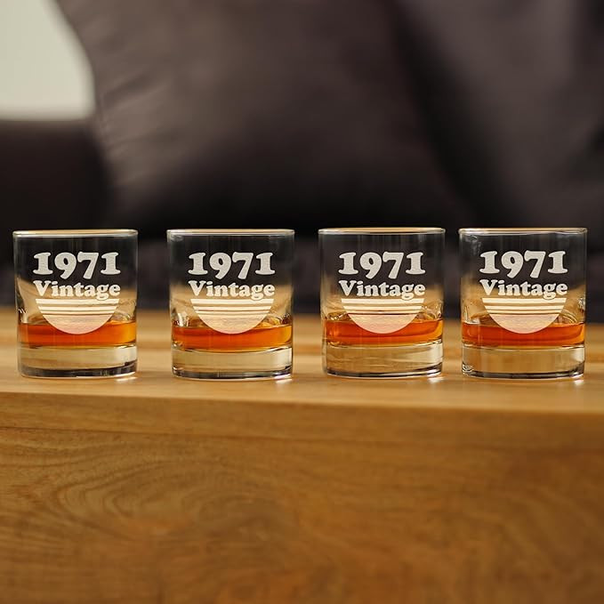 Bevvee Vintage 1971 Whiskey Rocks Glass - 55th Birthday Gifts for Men & Women Turning 55 - Old Fashioned Bday Decor - Set of 4-10.25 oz