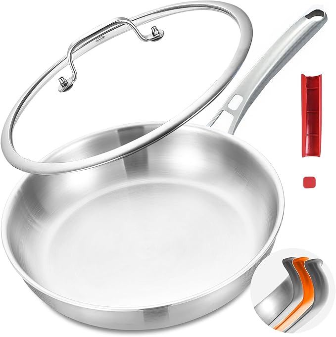 Inqibee 10 Inch Tri-Ply Stainless Steel Frying Pan with Lid,Skillet,Induction Cooking Pan,Heavy Duty and Dishwasher Safe,Detachable Handle