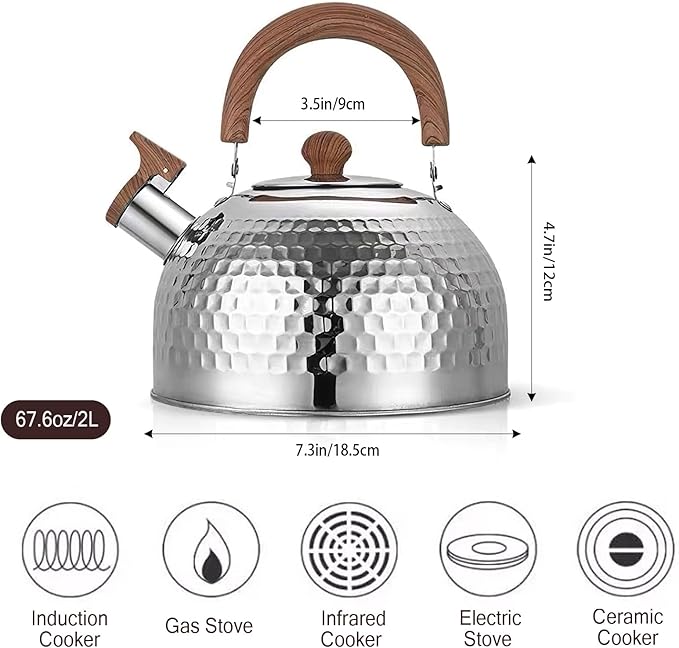 Tea Kettle, Food Grade Stainless Steel with Wood Pattern Folding Handle, Whistling Kettle for Induction, Gas, and Electric Stovetops (2 liters)