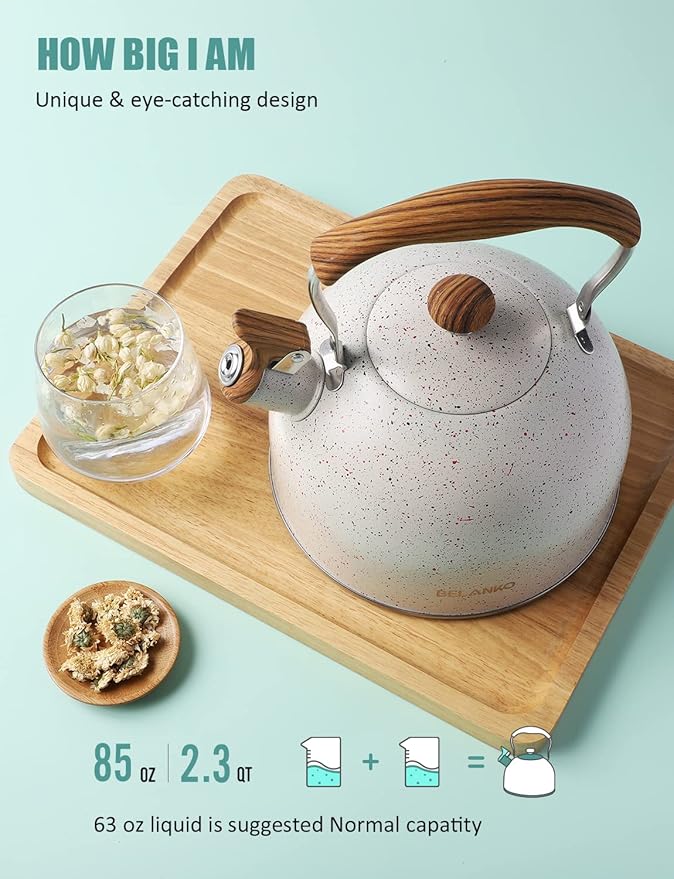 Tea Kettle, BELANKO 85 OZ / 2.5 Liter Whistling Tea Kettle, Tea Pots for Stove Top Food Grade Stainless Steel with Wood Pattern Folding Handle, Loud Whistle Kettle for Tea, Coffee, Milk - Cream White