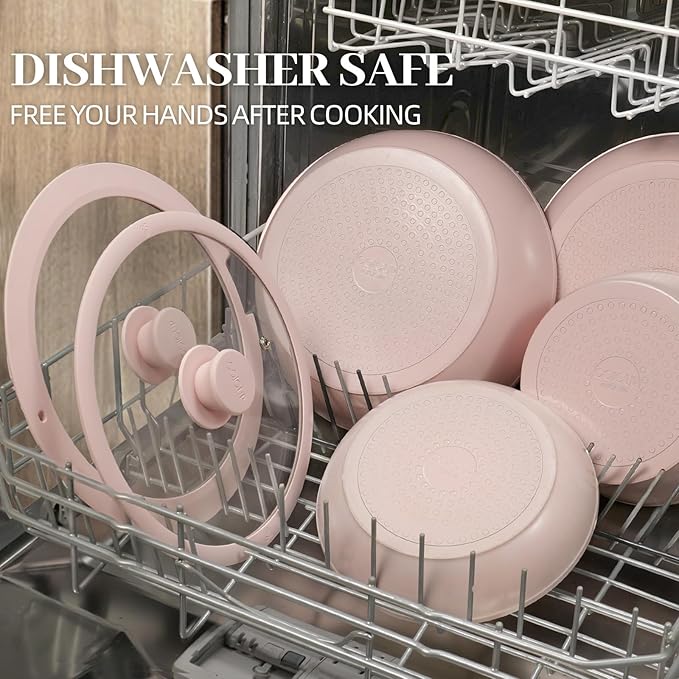 23Pcs Ceramic Cookware Set Non Stick Pots and Pans Set Non Toxic with Detachable Handle Induction Kitchen Cookware Set Space Saving, Oven & Dishwasher Safe, Light Pink