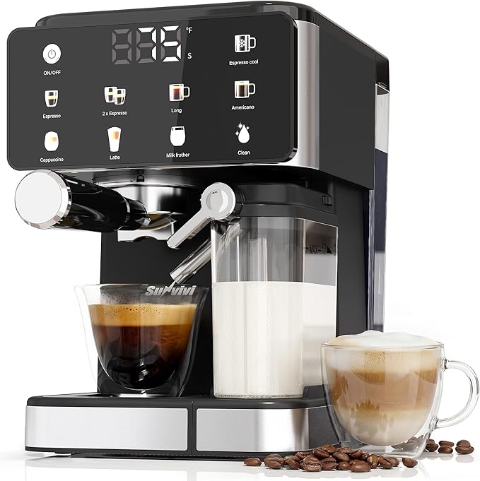 SUNVIVI Espresso Machine with Cold Brew, All-in-one Iced Coffee Maker with Automatic Milk Frother, LED Touchscreen, 51OZ Water Tank, Pressure Coffee Machine for Latte, Cappucinno, Self-clean, Black