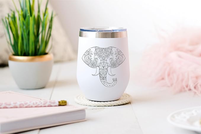 CM 12 oz Double Insulated Wine Tumbler with Lid - Elephant Engraved Stemless Wine Glass from Stainless Steel with White Powder Coating for Men & Women - White