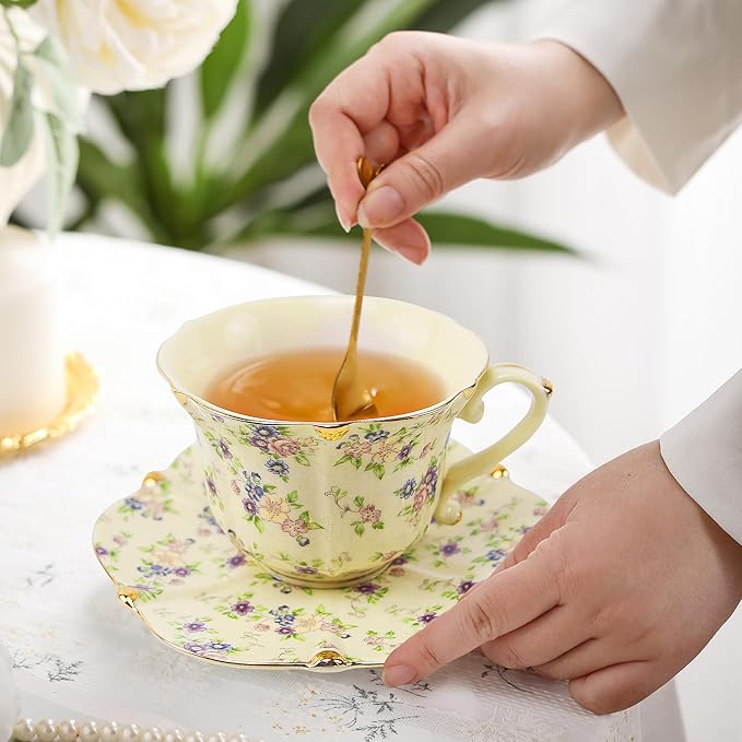 TATSUMI Country Roses Bone China Tea Cup and Saucer Set, 6 Pieces, Vintage Style, For Women and Tea Parties（Yellow,2 Sets）